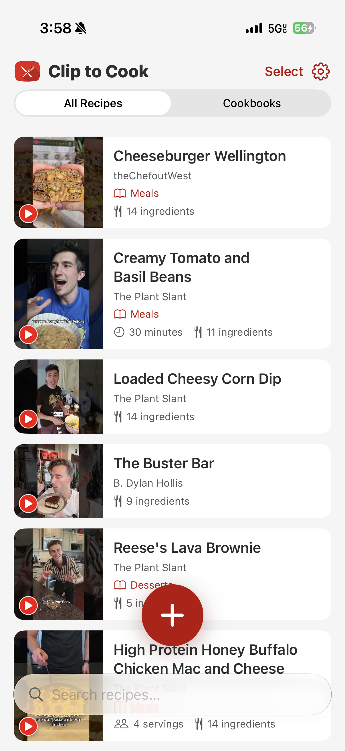 Clip To Cook recipe list showing saved recipes like Cheeseburger Wellington and Creamy Tomato and Basil Beans with cook times and ingredient counts