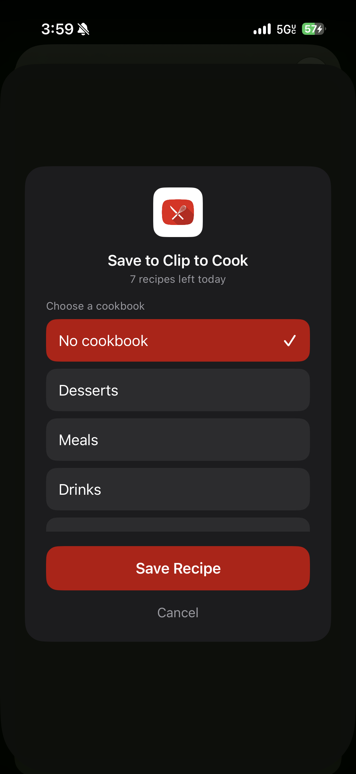 iOS share sheet titled Save to Clip to Cook, letting you choose a cookbook such as Desserts, Meals, or Drinks before saving the recipe